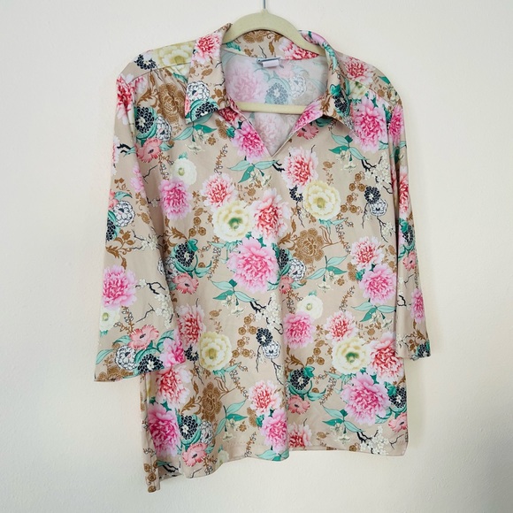 Vintage Haband floral print v neck collared blouse top - Picture 6 of 7
